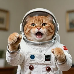 1 9 8 0's color photo of angry ginger cat in spacesuit giving passionate public speech