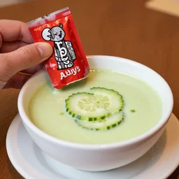JD dining on a bowl of cucumber soup, with a fake Arby's sauce packet in hand, highly detailed
