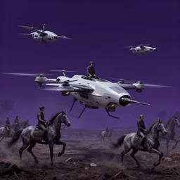 neurotic depiction of a battlefield with horses riding drones, weapon design by zaha hadid, y 2 k aesthetic, dark purple background, chesley bonestell, 4 k