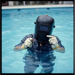 welder in welding mask in swimming pool, by richard avedon, tri - x pan stock