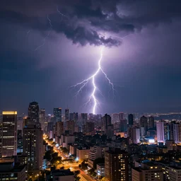 cityscape during a lightning storm, colorful, futuristic, 8k, dramatic lighting, realistic, professional, concept art, artstation hd, trending on social media,