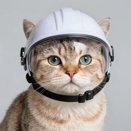 A cat wearing a security helmet