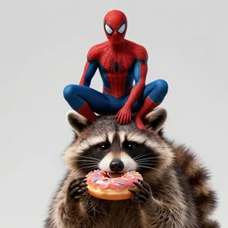 spider - man sit on top of big raccoon and eating donuts, action scene, concept art, trending on artstation, highly detailed, intricate, sharp focus, digital art, 8 k