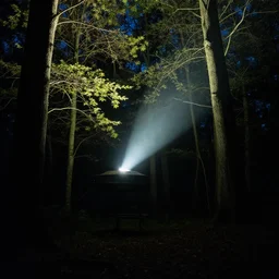 teleportation machine in a forest at night, light shining from the machine and illuminating the trees by alex grey