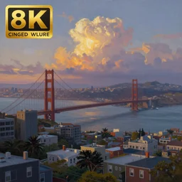 a fantastical painting of dusk over san francisco bay area,, epic light scene, spectacular, finely detailed, whimsical, contemporary, mixed - media, award winning, 8 k, trending on artstation, volumetric lighting, octane render uhd artwork by bob ross
