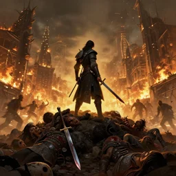 a lone warrior, standing atop a pile of corpses, his / her sword dripping with blood. in the background is a burning city, with people screaming and running in every direction, intricate, glowing lights, highly detailed, digital painting, artstation, concept art, sharp focus, illustration, art by artgerm and greg rutkowski, artey freytag