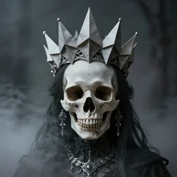 skull queen with an origami crown, hints of silver jewelry, gothic, eerie, intricate detail, dramatic lighting, mist, grey, 4k