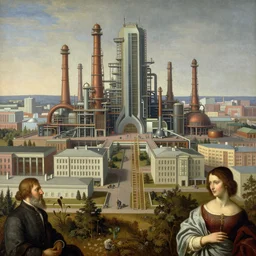 futuristic soviet city with factories by Lajos Berán, Albert Bierstadt, Robert Henderson Blyth, Claude Bonin-Pissarro, Sandro Botticelli
