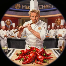 hyper detailed ultra - realistic pencil illustration of chef gordon ramsay playing a spicy flute made of habanero chillis in front of the masterchef audience, trending on artstation, award winning, colourful, cinematic, fisheye