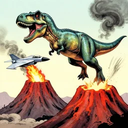 a t - rex flying a fighter jet out of the mouth of a volcano in the stye of silver - era comics