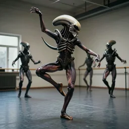xenomorph aliens ballet dancing elegantly in a dance studio. Giger. photo realistic 35mm 4k