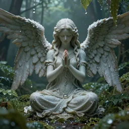 a world of dew, and within every dewdrop a world of struggle., fantasy intricate elegant, angel sits in prayer under, lush volumetric lighting 3 d modelling