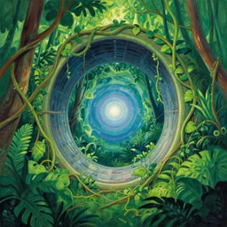 intergalactic stargate portal in the middle of a jungle, with vines and leaves entwining it by steve argyle and farel dalrymple, style of marimekko