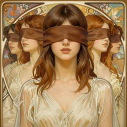 blindfold handsome young women with shoulder length brown hair, half body shot, path traced, highly detailed, high quality, digital painting, alena aenami, lilia alvarado, shinji aramaki, karol bak, alphonse mucha, tom bagshaw