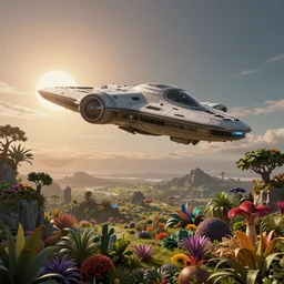 hypertech starship flying in the sky, sunrise in alien planet, full of vegetation, colourful plants, trees, matte painting, high detail, artstation