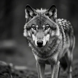 wolf animal, film noir style, cinematic, black and white