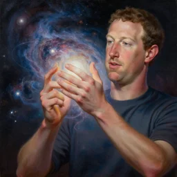 space mark zuckerberg!! squeezes with his hands!! the power of galactic clusters to collect the energy of the cosmos and create a metaverse, nebulae, galaxies, figure e, soft light, realism, maximum detail, high quality, good study of style, depth of field, focus, painting classicism and abstractionism