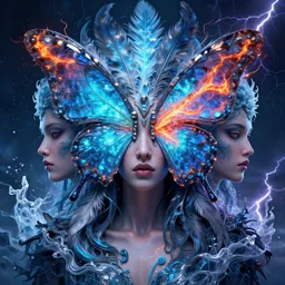 3 d goddess butterfly face portrait, sigma 5 0 0 mm f 4, beautiful intricate highly detailed quetzalcoatl feathers. bioluminescent, plasma, lava, ice, water, wind, creature, thunderstorm! artwork by tooth wu and wlop and beeple and greg rutkowski, 8 k trending on artstation, volumetric lighting