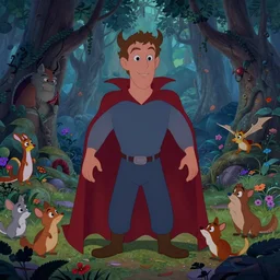 Movie frame of evil creatures shaped like Zuckerberg from the coloured Disney animated motion picture released in 1937, beautiful enchanted forest full of critters, directed by Walt Disney,  highly detailed background paintings by Thomas Kinkade