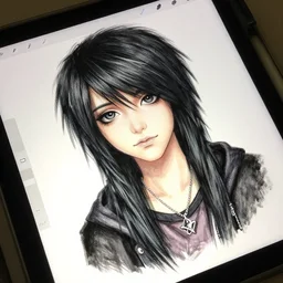 2000's scene emo beautiful girl drawing on tablet