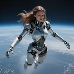 beautiful futuristic himba cyborg woman, robotic arms, weightless in space, hyperrealistic, scifi, concept art, photograph, portrait