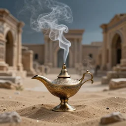 “Magic smoke swirling dramatically out of an ornate oil lamp in the sand, Byzantine city, swirly smoke, surrounded by Byzantine ruins, air particles, glitter, cinematic, dramatic, rule of thirds, 50mm lens, bokeh”