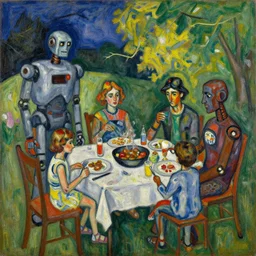 a painting of a robot family at a bbq by graham sutherland, egon schiele, basquiat, neo - expressionism