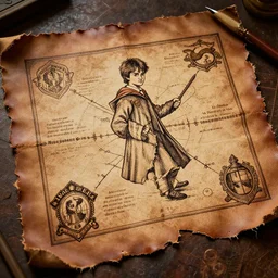 marauders map from harry potter movie, ink cartography on realistic ripped leather, octane render, 8 k