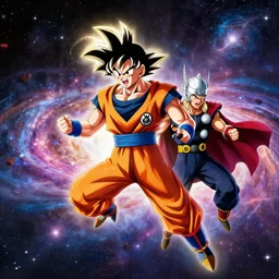 God level Goku fused with Thor flying through the galaxy, photo realistic