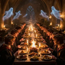 feast for hundreds of people. candles, warm ambient light, hogwarts, beautiful, stone walls, hot food, delicious, steaming food on plates, gluttony, digital art, epic. candlelight, firelight, happiness and joy, ghosts flying around, harry potter students, warmth