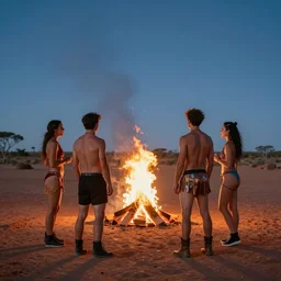 atmospheric photograph of three fully clothed ravers, two men, one woman, photographed from behind, talking around a fire, photorealistic, dancefloor kismet, diverse costumes, clean composition, desert transition area, bonfire, night, australian desert, xf iq 4, symmetry, sony a 7 r, 1 5 0 mp, 5 0 mm