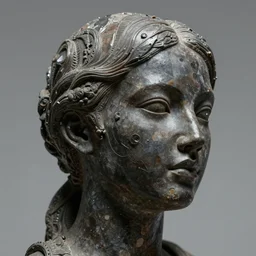 an intricate and extremely detailed sculpture of a female head made of dark matter
