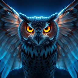 close up portrait of an owl spreading wings with bright golden eyes in the night, blue night lighting, symmetrical, album cover art, highly detailed, digital painting, artstation, concept art, sharp focus, cinematic lighting, illustration, art by artgerm and greg rutkowski, alphonse mucha, cgsociety