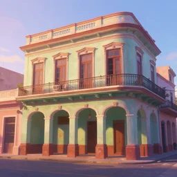 beautiful painting concept art of cuban houses and storefront without characters, colonial architecture, smooth colors, front view, colorful octane render, beautiful dawn light, cinematic composition, art style by pixar and michal sawtyruk