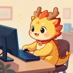 adorable chinese dragon playing a computer game
