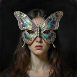 a neoclassicist portrait of a an otherworldy person with a retrofuturistic butterfly mask. iridescent reflective alien textures. foggy black background. highly detailed science fiction painting by norman rockwell, frank frazetta, syd mead and moebius. rich colors, high contrast, gloomy atmosphere, dark background. trending on artstation.