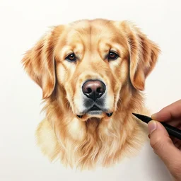 hand drawing highly detailed golden retriever dog face mixed with paw. beautiful. colorful