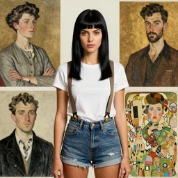 a woman with black hair and long pixie haircut in shorts with suspenders and white t-shirt drawn by alphonso azpiri, gustave caillebotte, Alexandre Cabanel, norman rockwell, ralph bakshi, maler collier, amedeo modigliani, alphonse mucha, gustav klimt 4k, unreal 5, DAZ, french noveau, trending on artstation, octane render, hyperrealistic