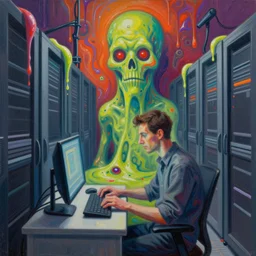 a server room in the style of constructivism with pleasant halftones, a man is programming, blurred, grotesque, doomed, neural acrylic paint, high resolution, gouache on canvas, ultra detailed, vibrant colors, grotesque, wrapped thermal background, slimey, art by francis bacon, beksinski painting