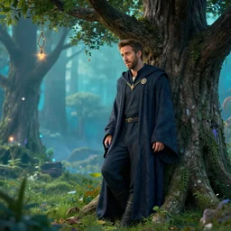 ryan reynolds wearing wizard robes leans against a magical tree romance novel fantasy artwork epic detailed and intricate digital photo trending on artstation by wlop octane render
