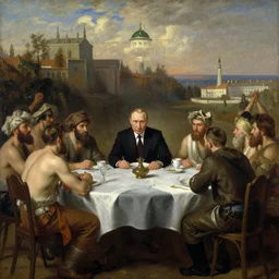 vladimir putin sitting at the infinite table looking at peasants. painting by ilya repin and valentin serov and viktor vasnetsov tretiakov gallery