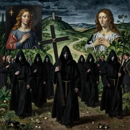 A Holy Week procession of grim reapers in a lush Spanish landscape at night. A hooded figure at the front holds a cross. El Greco, Remedios Varo, Carl Gustav Carus, Edward Hopper.