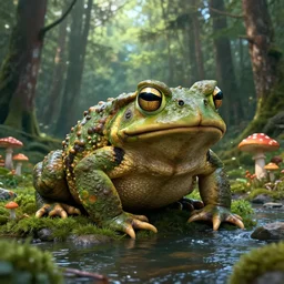 mandelbulb, photography by alexey kurylev, cinematic, river, large scalegiant toad, mushrooms, cinema 4 d, art by beeple, ultra realistic, photo realistic, unreal engine, beautiful, forest, 4 k