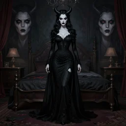 gorgeoustaissa farmiga evil demon, torn black dress, full body shot, spooky, illustration, symmetrical face realistic eyes, cinematic lighting, hyperdetailed, charlie bowater, tom bagshaw, beautiful, elegant, dark bedroom