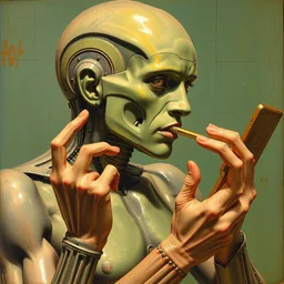 an artist painting themselves, cyborg, by clyde caldwell, james c. christensen, h. r. giger, george tooker, alphonse mucha