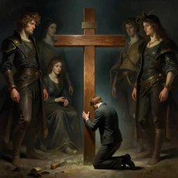 man kneeling at the foot of a wooden cross, dramatic lighting art by Yoji Shinkawa by Richard Schmid  by greg rutkowski by Sandra Chevrier by Jeremy Lipking cinematic dramatic, by frank miller, illustration by Ruan Jia and Mandy Jurgens and William-Adolphe Bouguereau, Artgerm, 4k, digital art, surreal, space dandy style, highly detailed, godsend, artstation, digital painting, concept art, smooth, sharp focus, illustration by Ruan Jia and Mandy Jurgens and William-Adolphe Bouguereau, Artgerm