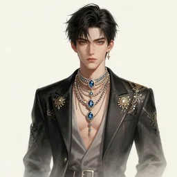 a character model design of an extremely handsome young man wearing excessive jewelry in an ornate and elegant way