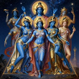 chinese divine digital, triangle of blue - skinned characters as goddesses and gods, classicism roman renaissance painting, eva poster, fantastical greek style, hindu latina idol obsidian skin cyberpunk, dynamic movie still, cycles, highest quality, golden ratio, very colorful, exquisitely tasteful, starry sky, heresy, orthodox icon