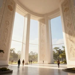 the inside of a monument with nigerian motifs, by tim blandin and arthur haas and bruce pennington and john schoenherr, big windows architecture by zaha hadid, octane render, warm colour scheme, white, cinematic, scenery, cgsociety, modernism, futuristic, trending on artstation, sci - fi, high detail, high quality, close up angle, people walking