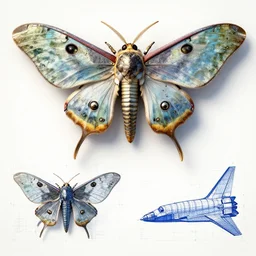 a mechanized emperor moth, orthographic view, top down view, bottom view, side view, blueprints, mecha, jet fighter, space shuttle, robotic, highly detailed, artstation, super realistic, unreal engine